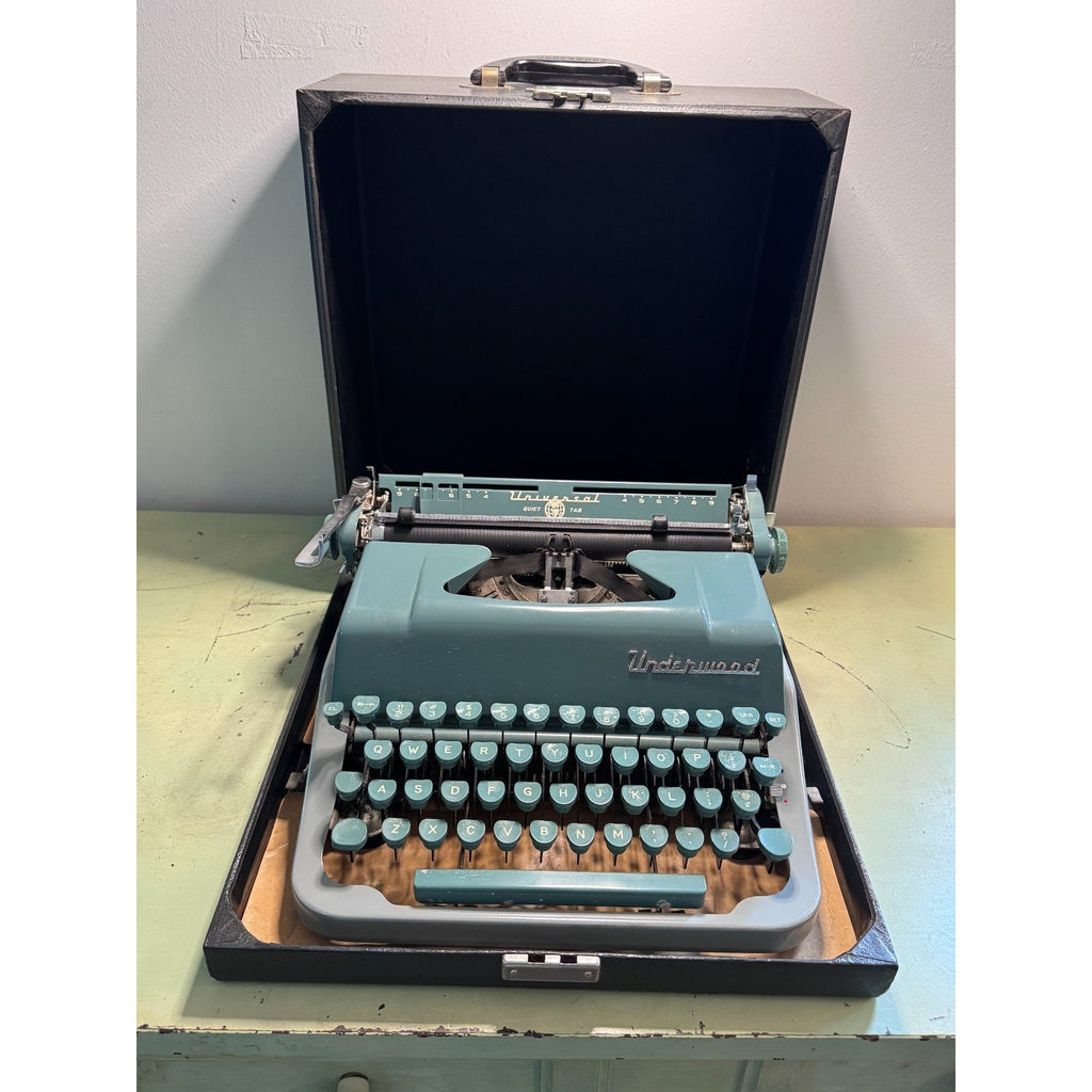 1956 Underwood Universal Quiet Tab Typewriter • Tested, Blue-Green w/ Case