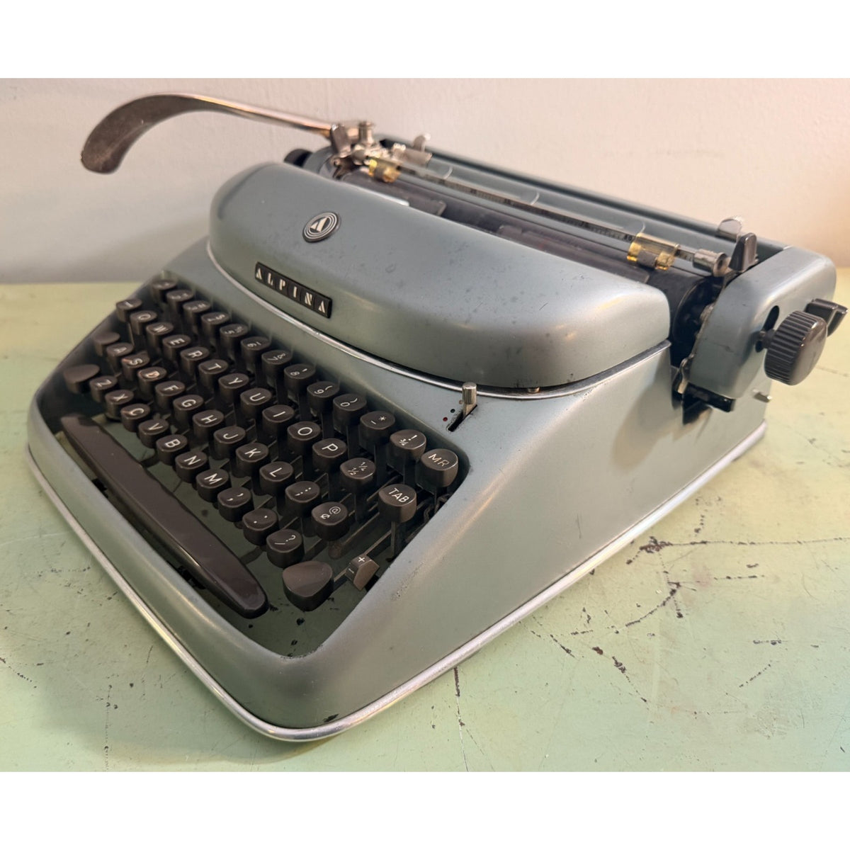 1957 Alpina SK24 Portable Typewriter • Swiss Blue-Gray • Elite Typeface