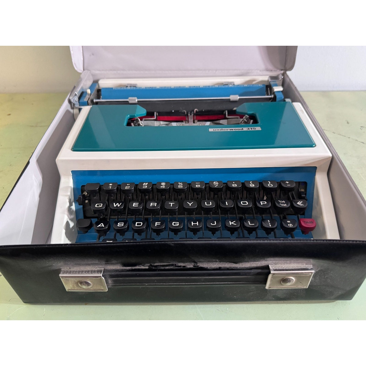 Rare Teal Blue Underwood 315 Typewriter • "Cursive" Script Typeface • w/Case
