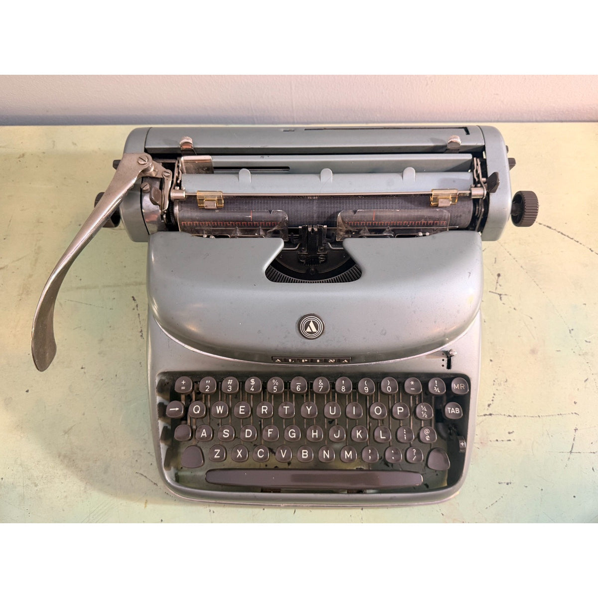 1957 Alpina SK24 Portable Typewriter • Swiss Blue-Gray • Elite Typeface