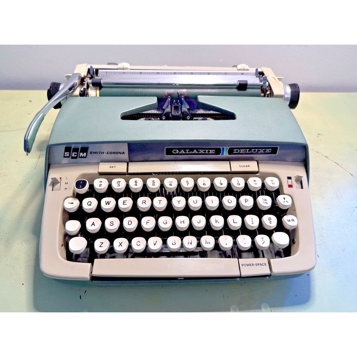 1965 Smith-Corona Galaxie Deluxe Typewriter • Sage Green, Green Platen • w/Case