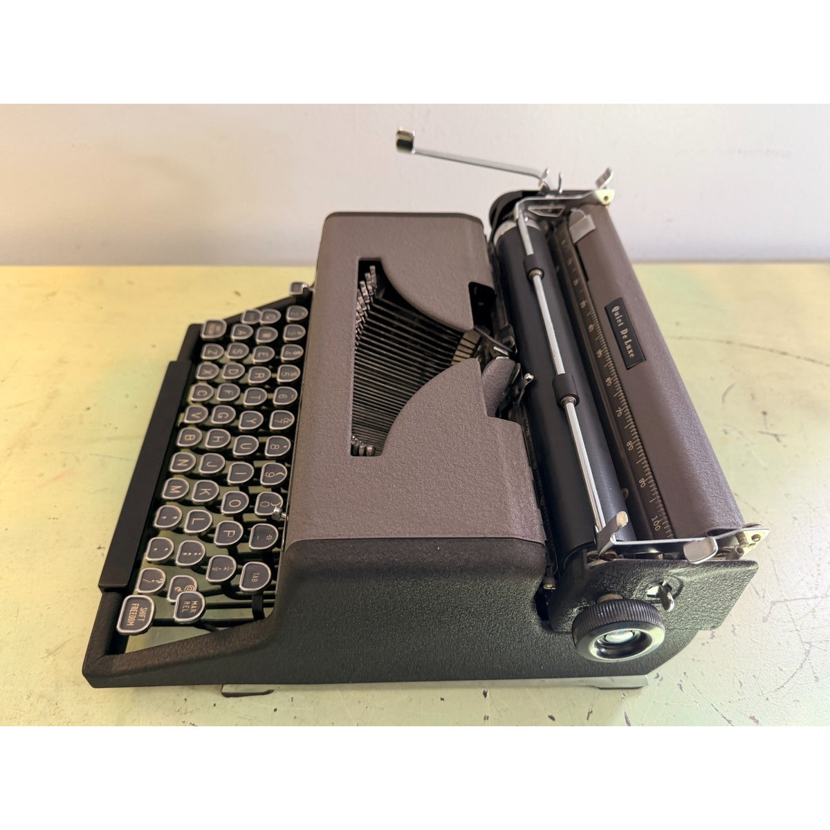 Royal Quiet De Luxe Portable Typewriter in Tuxedo Gray with Original Case