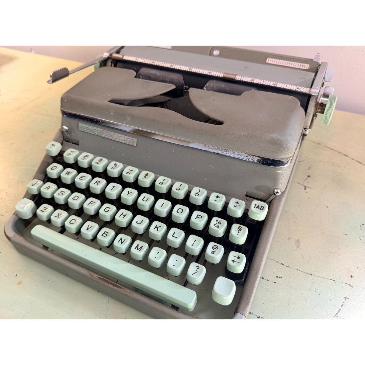 1957 Hermes 2000 Swiss Typewriter • Gray & Seafoam • Tested w/Emerald Green Case