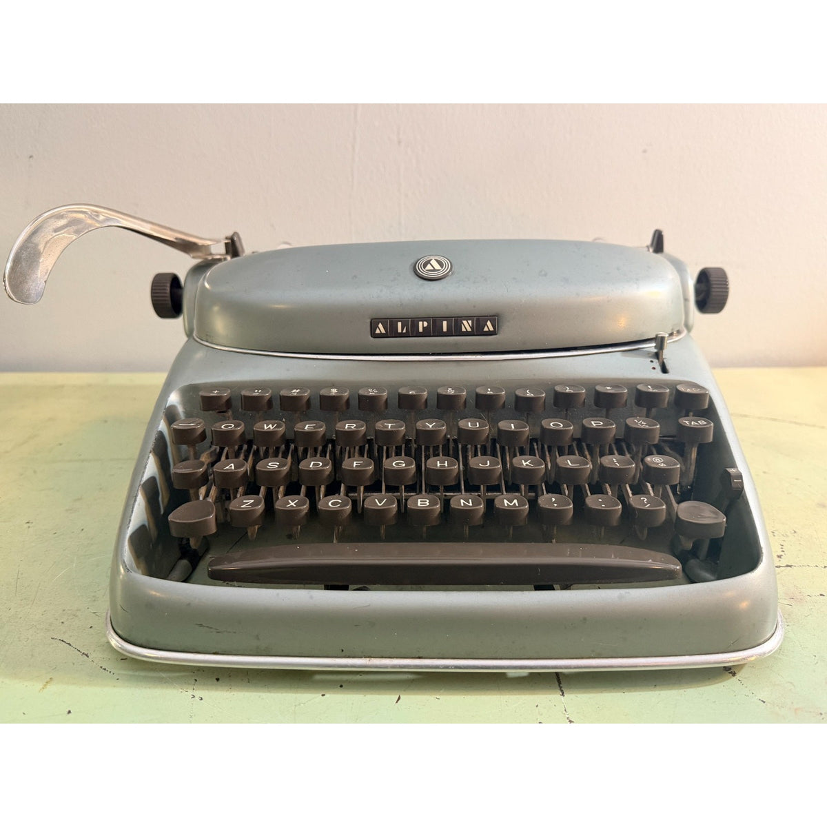 1957 Alpina SK24 Portable Typewriter • Swiss Blue-Gray • Elite Typeface