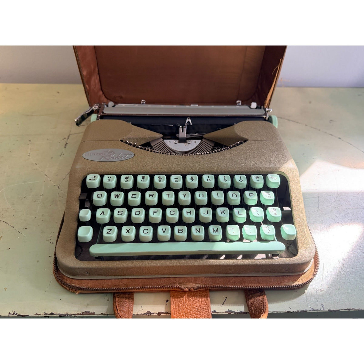 1959 Hermes Rocket Portable Typewriter • Swiss-Made • Taupe & Seafoam w/Case