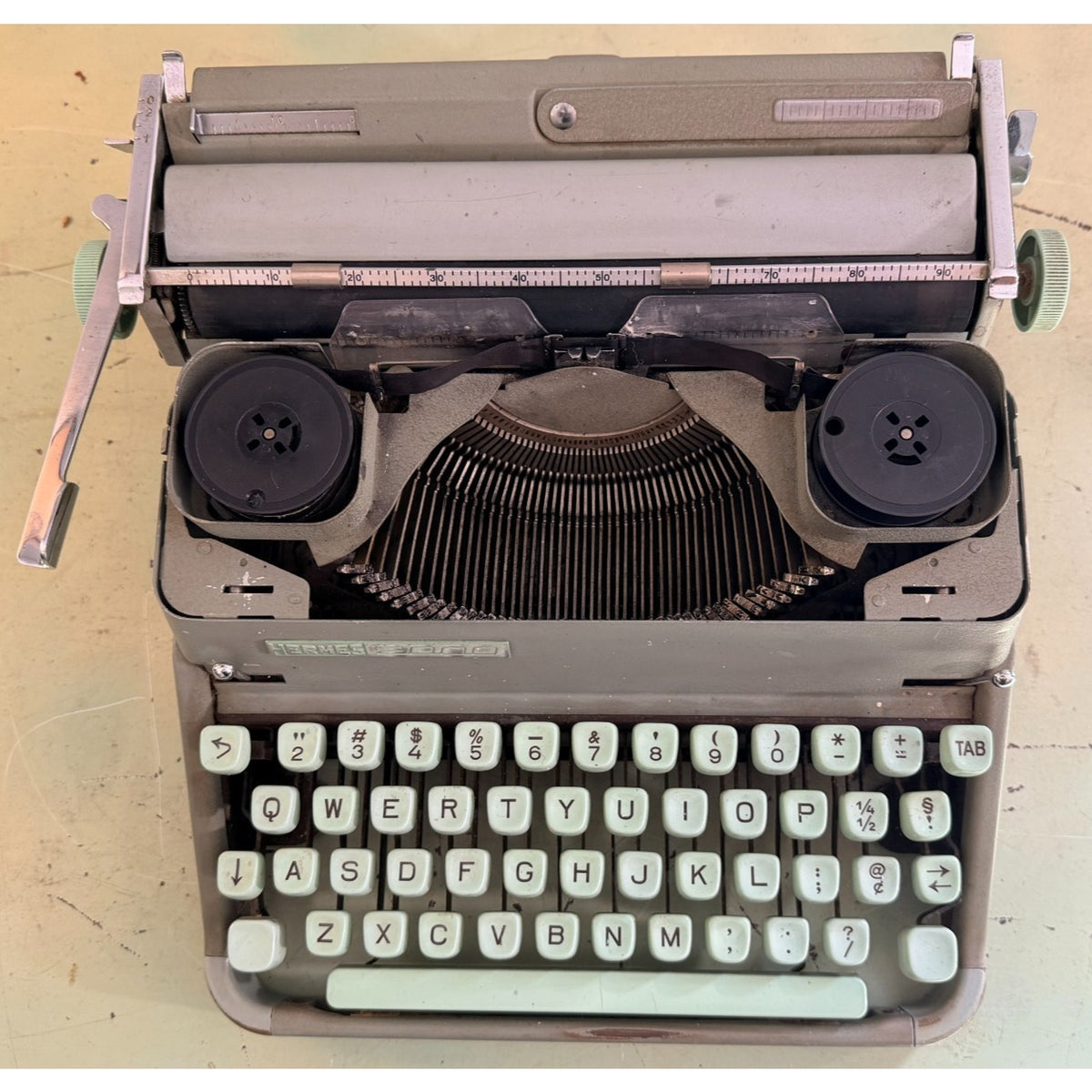 1957 Hermes 2000 Swiss Typewriter • Gray & Seafoam • Tested w/Emerald Green Case