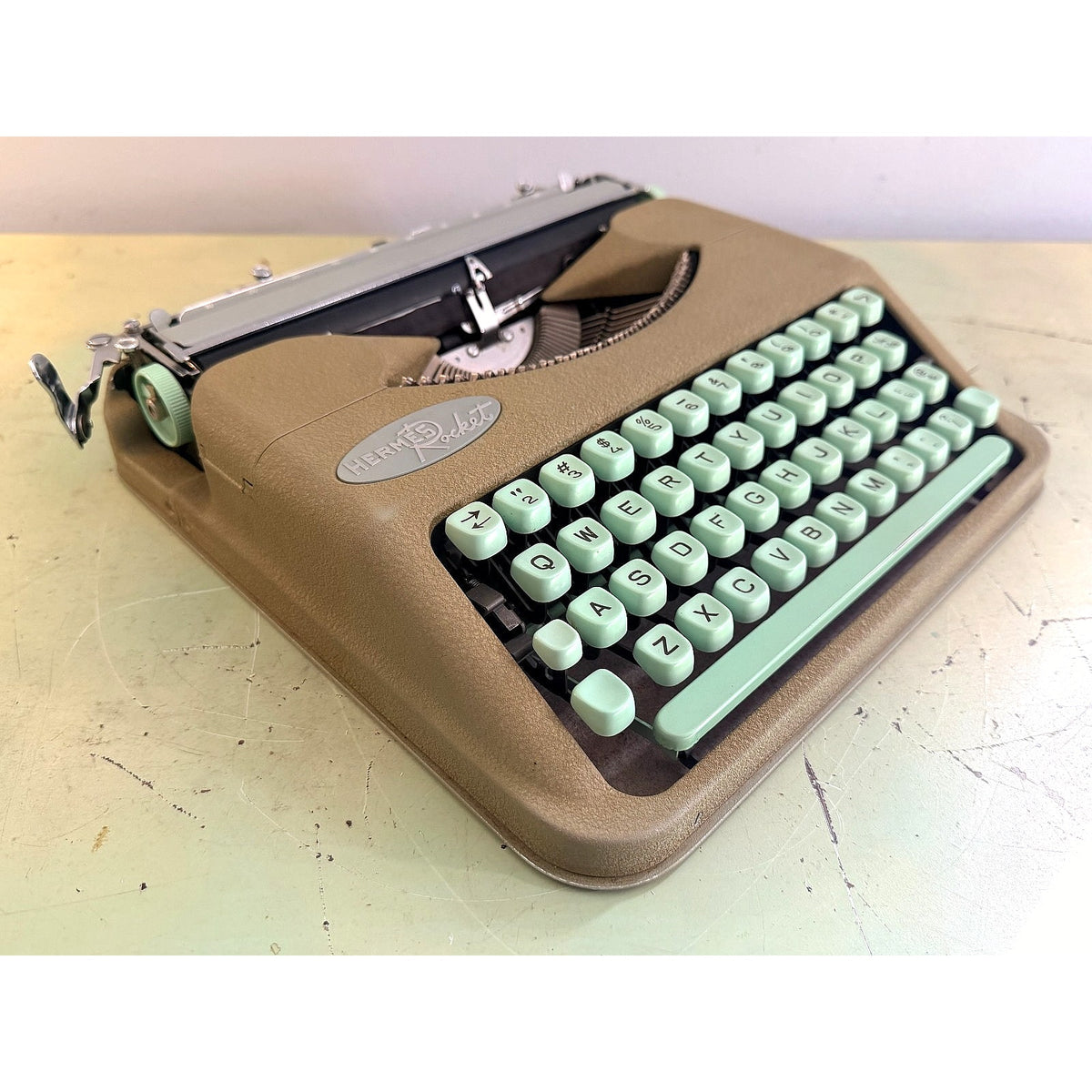 1959 Hermes Rocket Portable Typewriter • Swiss-Made • Taupe & Seafoam w/Case