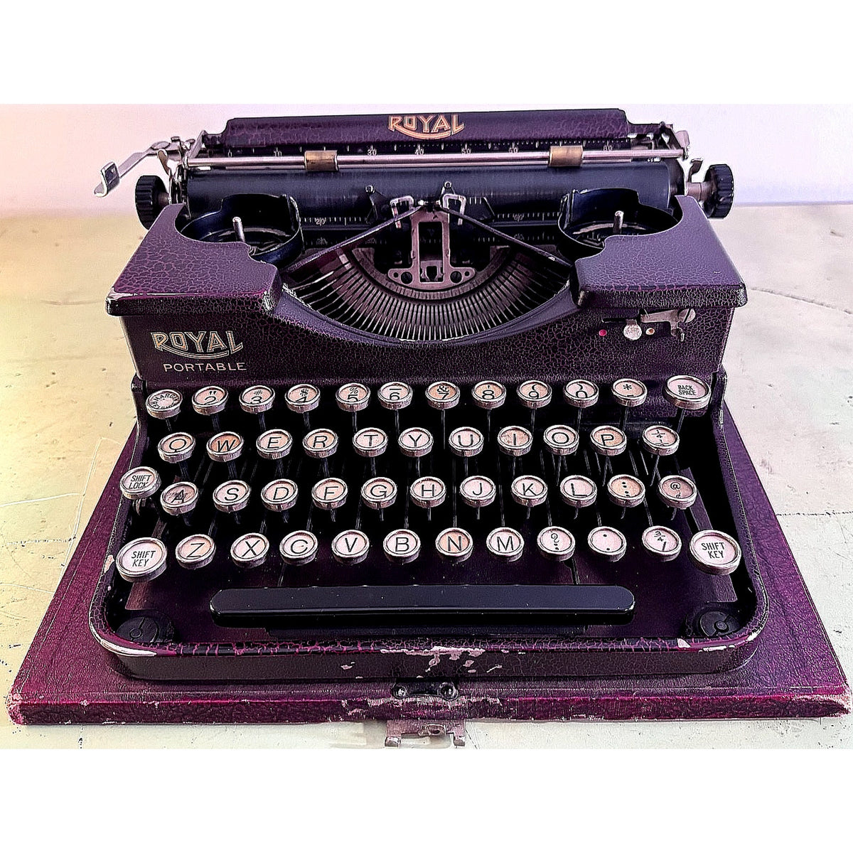 1928 Royal Model P Portable Typewriter • Rare Burgundy Alligator Finish • w/Case