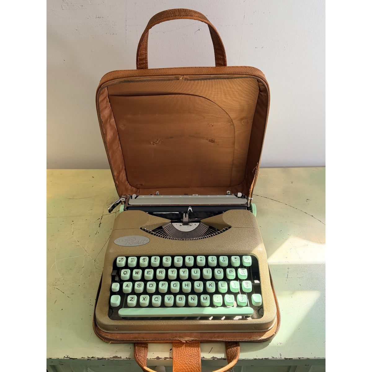 1959 Hermes Rocket Portable Typewriter • Swiss-Made • Taupe & Seafoam w/Case