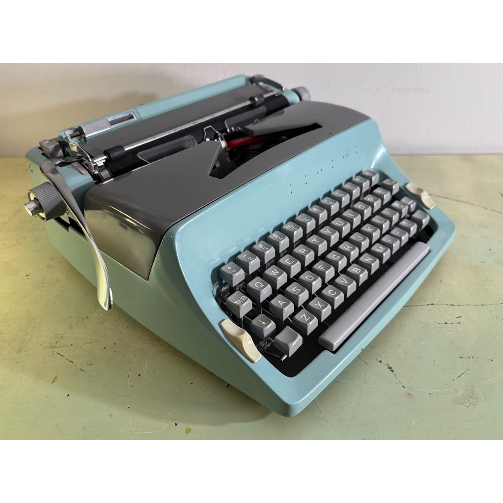 1969 Consul 221 Typewriter • Seafoam Blue & Slate Gray • w/Case, Key, Extras