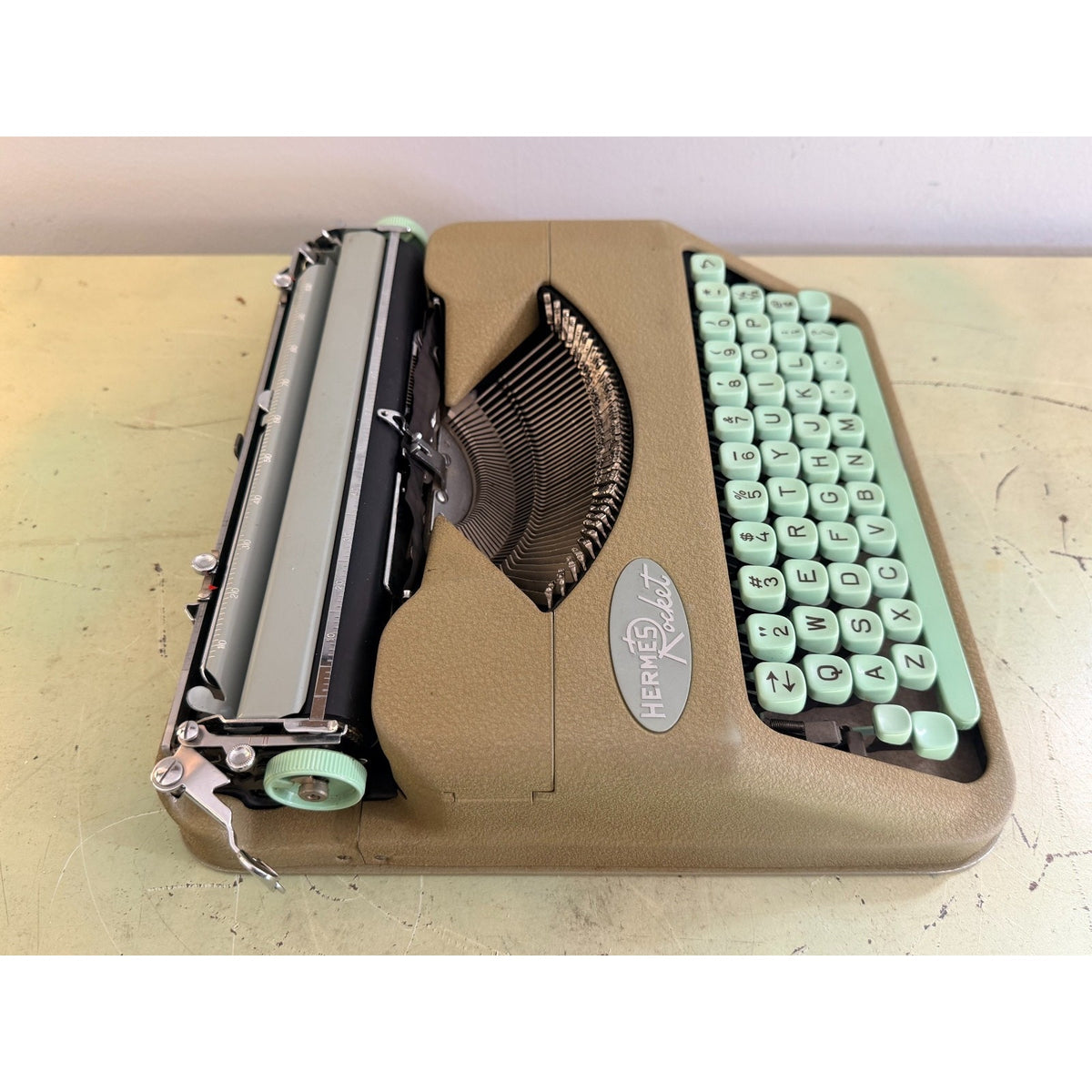 1959 Hermes Rocket Portable Typewriter • Swiss-Made • Taupe & Seafoam w/Case
