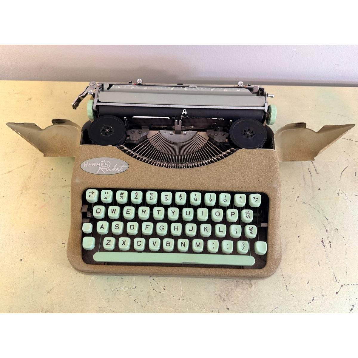 1959 Hermes Rocket Portable Typewriter • Swiss-Made • Taupe & Seafoam w/Case