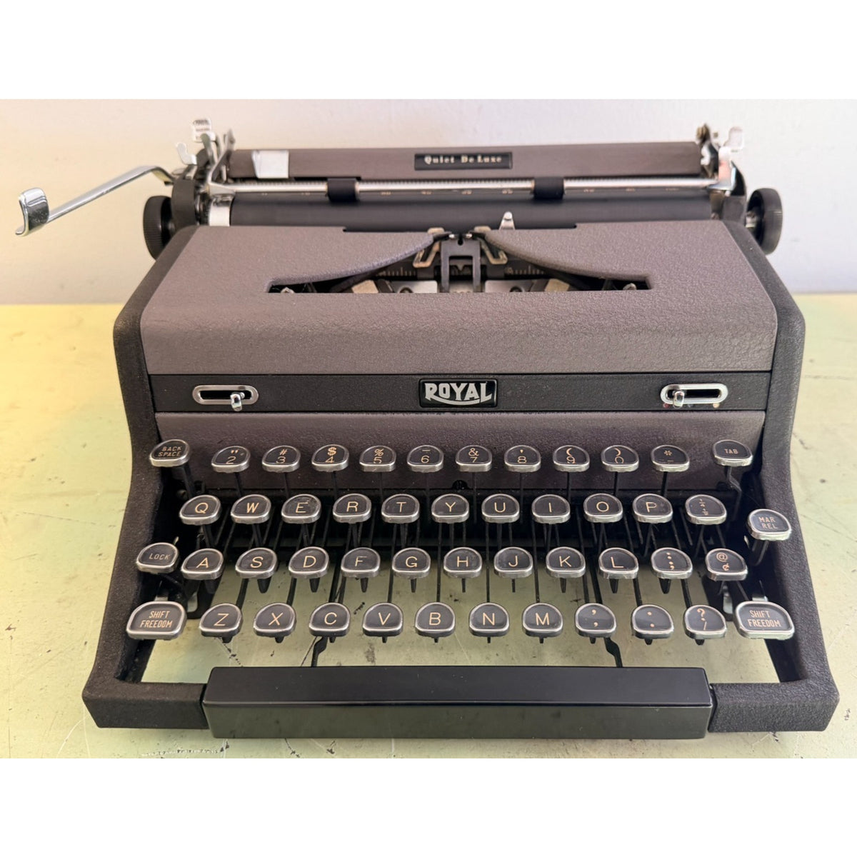 Royal Quiet De Luxe Portable Typewriter in Tuxedo Gray with Original Case