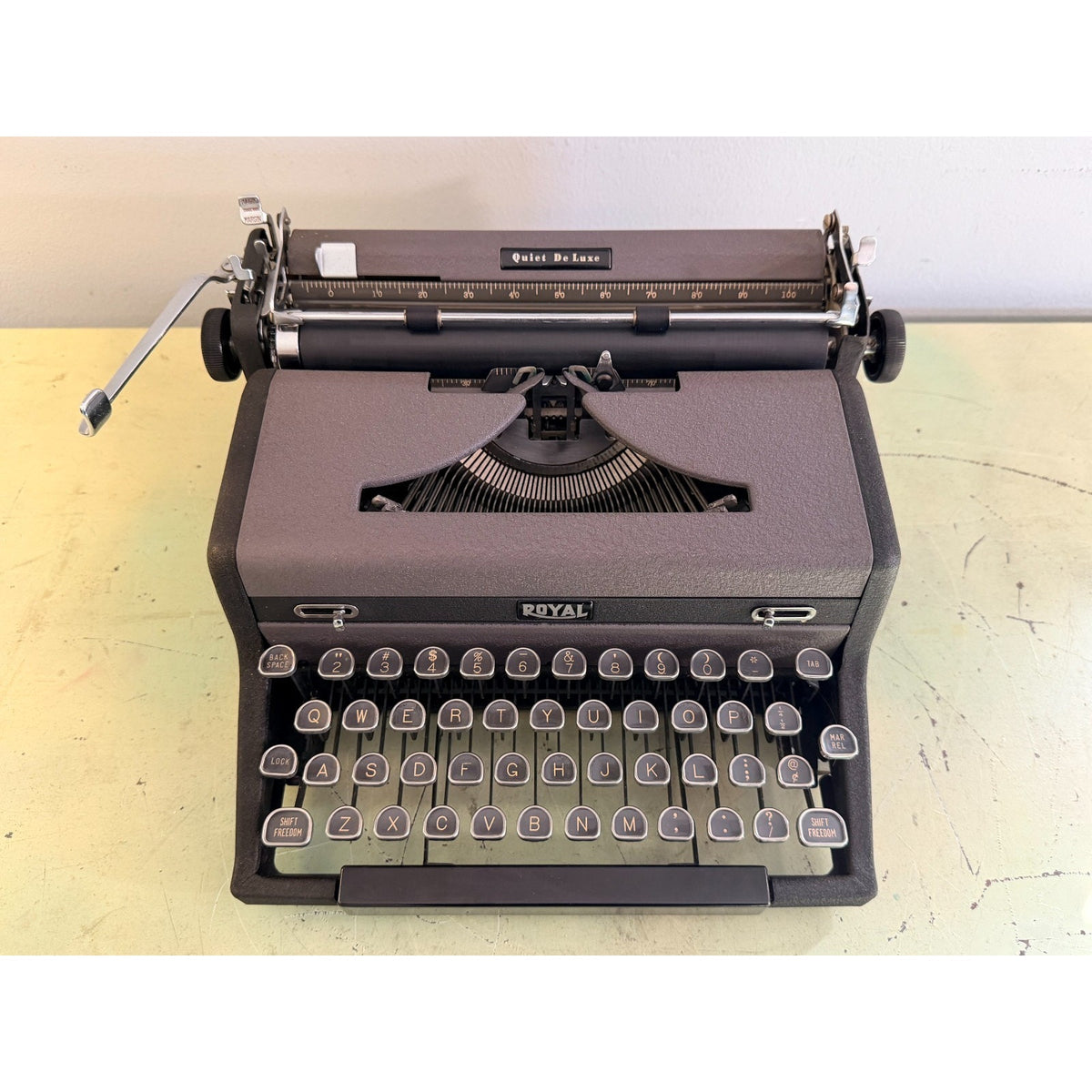 Royal Quiet De Luxe Portable Typewriter in Tuxedo Gray with Original Case