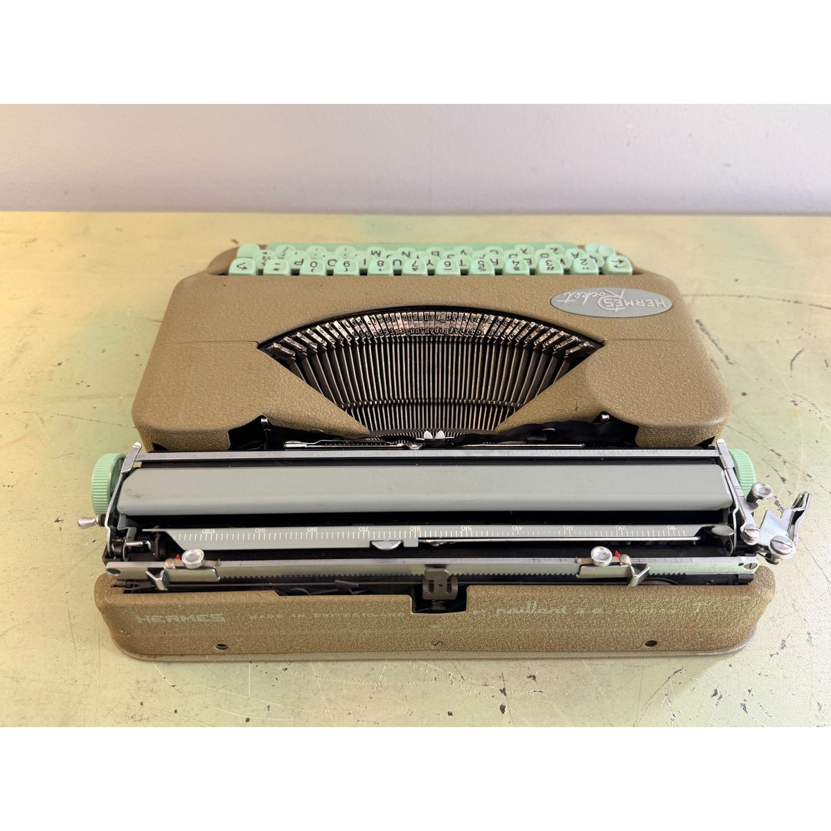 1959 Hermes Rocket Portable Typewriter • Swiss-Made • Taupe & Seafoam w/Case