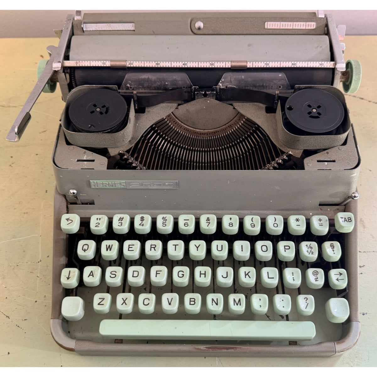 1957 Hermes 2000 Swiss Typewriter • Gray & Seafoam • Tested w/Emerald Green Case