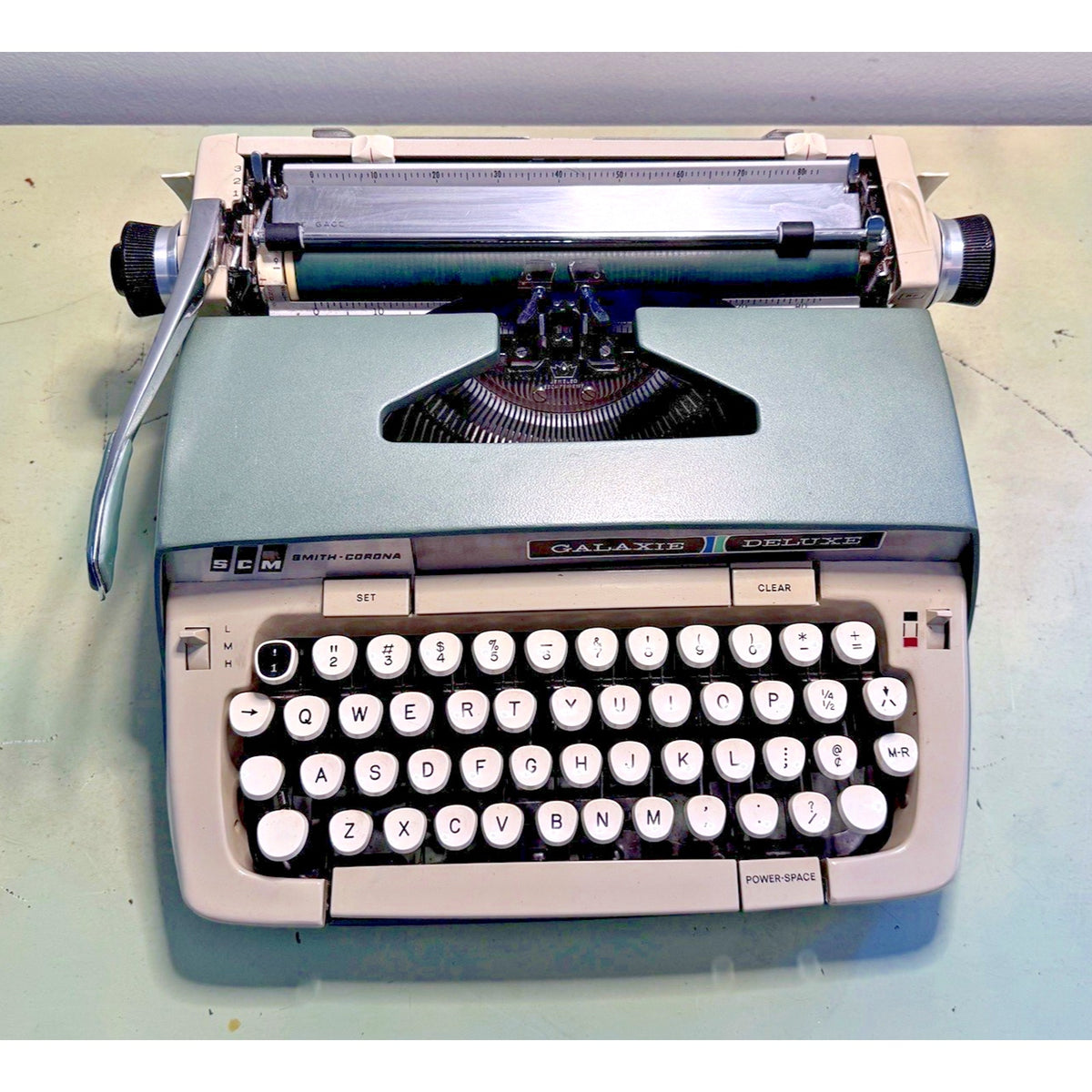 1965 Smith-Corona Galaxie Deluxe Typewriter • Sage Green, Green Platen • w/Case