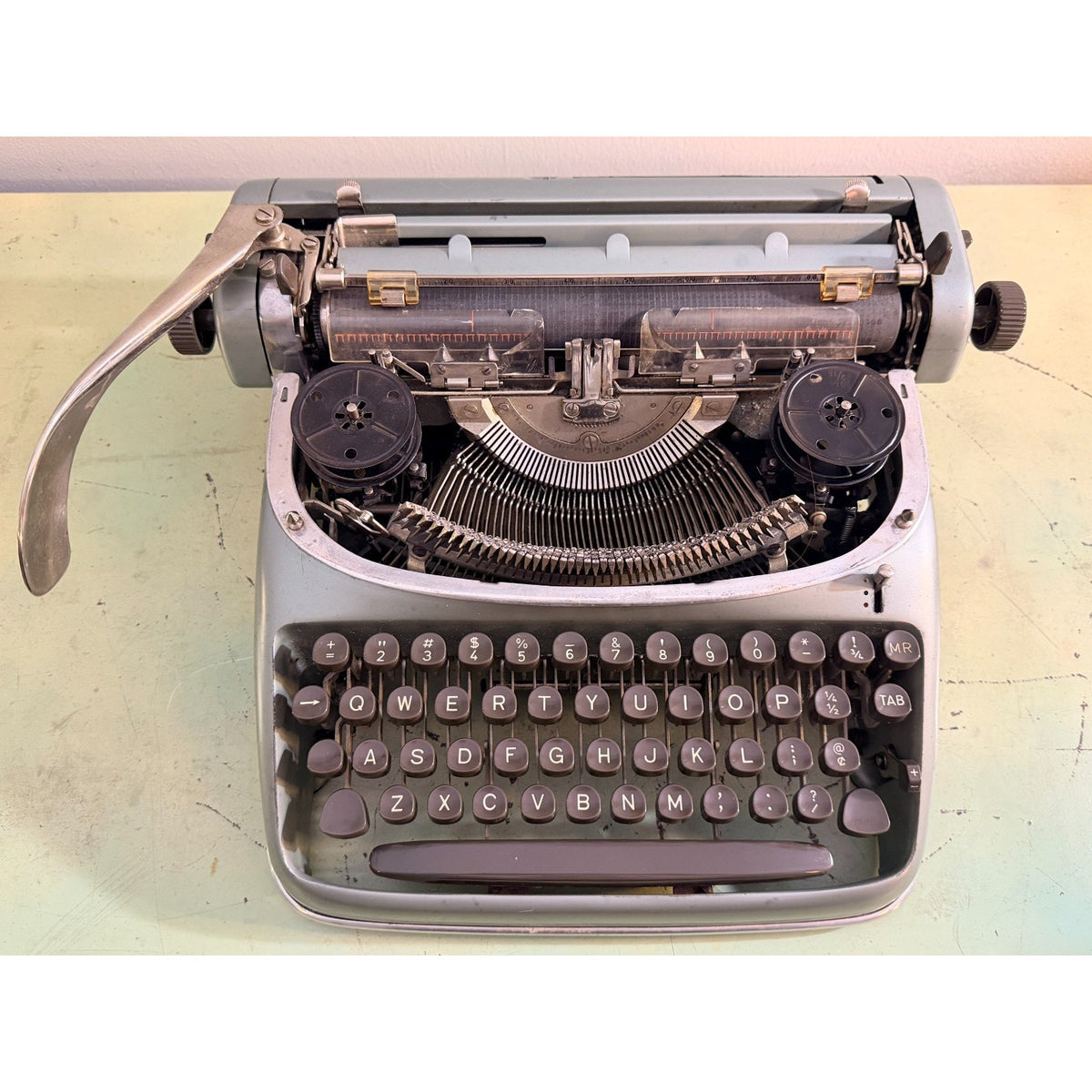 1957 Alpina SK24 Portable Typewriter • Swiss Blue-Gray • Elite Typeface
